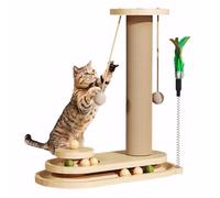 Scratching Post,Multifunctional Cat Scratching Post with Interactive Toys,Cat Scratcher for Indoor Cats with Solid Wood Base,Two Sisal Rope Balls,Interactive Track & Spring Feather Toy,41cm Tall