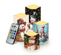 SCRAWLGOD 4 Pieces Cute Snowmen Print LED Flameless Candles Battery Operated Candles with Remote Candles Timer for Christmas Indoor Decorations Flickering Candles
