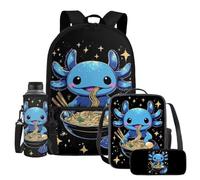 SCRAWLGOD Blue Axolotl Backpack with Lunch Box Kids Girls 6-8/5-7 Ramen Elementary School Bookbag Lunch Bag Pencil Case Water Bottle Holder Set Anime Back Pack 4 in 1 Galaxy Kindergarten Book Bags