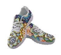 SCRAWLGOD Boho Cherry Blossom Print Sneakers for Women's Breathable Mesh Flats Running Shoes Lace Up Walking Shoes Sport Footwear