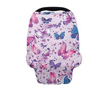 SCRAWLGOD Butterfly Print Baby Car Seat Covers for Girls, Infant Carseat Canopy Stroller Cover Stretchy Soft Nursing Cover for Breastfeeding Baby Shower Gifts