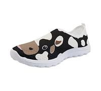 SCRAWLGOD Funny Cow Print Lightweight Nursing Walking Shoes Non-Slip Breathable Athletic Tennis Shoes Mesh Sneakers for Women Flat Shoes Summer Loafer