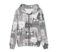 SCRAWLGOD Gray Cats Print Womens Casual Zip Up Hoodie Jacket Long Sleeve Hoodes Sweartshirt with Pockets