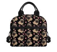 SCRAWLGOD Pug Insulated Lunch Bag for Kids 8-10/10-12/12-14 Girls School Portable Thermal Lunch Box Dog Small Lunchbox Heart Tote Cooler Lunchbag with Shoulder Strap