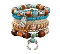 SCRDPRAD Boho Multilayer Stackable Bracelet, Vintage Leather Wooden Bead Turquoise Bracelet with Teardrop Charms for Women Bohemian Jewelry, 1, Resin, no gemstone