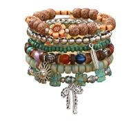 SCRDPRAD Boho Multilayer Stackable Bracelet, Vintage Leather Wooden Bead Turquoise Bracelet with Teardrop Charms for Women Bohemian Jewelry, 1, Resin, no gemstone