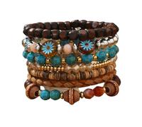 SCRDPRAD Boho Multilayer Stackable Bracelet, Vintage Leather Wooden Bead Turquoise Bracelet with Teardrop Charms for Women Bohemian Jewelry, 1, Resin, no gemstone
