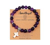 SCRDPRAD Easter Christian Gifts Handmade Cross Natural Stone Beaded Adjustable Bracelet Faith Hope Catholic Religious Stress Relief Anxiety Yoga Bangle Jewelry for Women Men, Adjustable, Metal, no