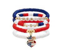 SCRDPRAD Handmade 4-5pcs Independence Patriotic Day Red White Blue Cute Star Heart Letter Shape Vinyl Disc Heishi Surfer Beaded Stackable Adjustable Bracelet Jewelry for Women, Adjustable, Metal, no
