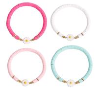 SCRDPRAD Minimalist Daisy Flower Heishi Surfer Colorful Soft Clay Beaded Adjustable Strech Stackable Bohemian Bracelets Set Summer Beach Boho Sweet Y2K Jewelry for Women Teens, Adjustable, Metal, no