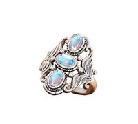 SCRDPRAD Vintage Moonstone Ring for Women, Antique Silver Oval Moonstone Leaf Statement Ring,Boho Nature Inspired Jewelry Gift