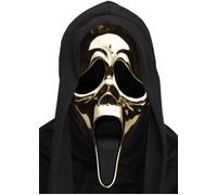 Scream Metallic Gold Ghost Face Mask with Black Hood Adult Halloween Accessory