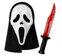 Screamer Ghost Face Mask and Fake Knife with Blood Mens Halloween Costumes Teens - Scary Mask and Fake Knife for Halloween Costumes Men - Fancy Dress Adult Screaming Ghost Face Outfit Accessories