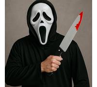 Screaming Ghost Face Mask with Hood & Fake Bloody Knife - Adult Halloween Fancy Dress Costume Accessory Set - Scary Horror Scream Movie Mask for Trick or Treat & Fancy Dress Parties