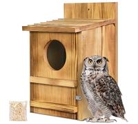 Screech Owl House, Owl Bird Box Large Handmade Wooden Circular Opening Screech Box for Outside with Mounting Screws and A Bag of Wood Shavings, Easy Assembly Required (Brown, 9" x 14.5")