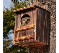 Screech Owl House, Wooden Circular Opening Box for Outside, Dark Brown | Wooden Circular Opening for Outside with Mounting Screws and A Bag of Wood Shavings, Easy Assembly Required, Easy to Clean