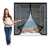 Screen Mesh Curtain 104 x 144 cm with Powerful Magnets & Full Frame Magic Tape, Keep Bugs Out & Lets Fresh Air in Magnetic Fly Screen for Curtain for All Types of Windows, Black