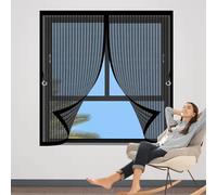 Screen Mesh Curtain 77 x 92 cm with Powerful Magnets & Full Frame Magic Tape No Gap, Lets Fresh Air in, Keep Bugs Out Mosquito Double Curtain for All Types of Windows, Black