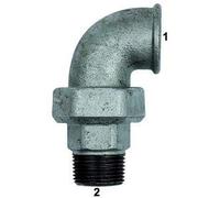 Screw connection bend 98, conical sealing, IG/AG, Rp 1 1/4, R 1 1/4, operating temp. -20°C to 300°C, black malleable cast iron fire dissipation.