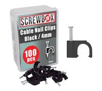 SCREWBOX® Cable Nail Clips, 4 mm 100 Pcs Nail-In Clips, Strong Durable Black Round Cable Tacks, Wall Wire Tidy Holder Pins, for wood | concrete | plasterboard