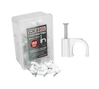 SCREWBOX® Cable Nail Clips, 8 mm 100 Pcs Nail-In Clips, Strong Durable White Round Cable Tacks, Wall Wire Tidy Holder Pins, for wood | concrete | plasterboard