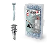SCREWBOX® Plasterboard Fixings - 100pcs Heavy Duty Drywall Anchors & Screws, Metal Self Drilling Wall Plugs for Strong Grip