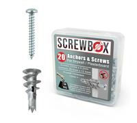 SCREWBOX® Plasterboard Fixings - 20pcs Heavy Duty Drywall Anchors & Screws, Metal Self Drilling Wall Plugs for Strong Grip
