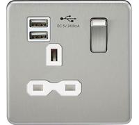 Screwless 13A 1G Switched Socket with Dual USB Charger (2.4A) - Brushed Chrome with White Insert