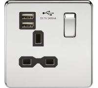 Screwless 13A 1G Switched Socket with Dual USB Charger (2.4A) - Polished Chrome with Black Insert