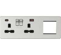 Screwless 13A 2G DP Socket with USB Fastcharge + 2G Modular Combination Plate - Brushed Chrome
