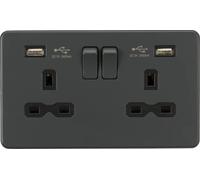 Screwless 13A 2G Switched Socket with Dual USB Charger; 2.4A, Anthracite
