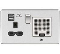 Screwless 13A socket, USB chargers (2.4A) and Bluetooth Speaker - Brushed chrome with black insert
