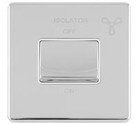 SCREWLESS 6A Extractor Fan Isolator Switch Polished Chrome 3 Pole Shower Plate - 230V Bathroom Wetroom Fan Switch Wall Plate