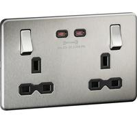 Screwless Double Switched Socket with Dual USB-C [65W Fast Charge] - Brushed Chrome
