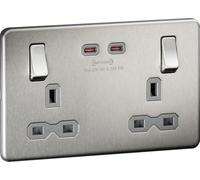 Knightsbridge SFR9965BCG Screwless 13A 2G DP Switched Socket with Dual USB-C (65W DUAL FASTCHARGE) - Brushed Chrome + Grey Insert