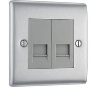 Screwless Flatplate Brushed Steel Double Switched 13A Power Socket FBS22G-01