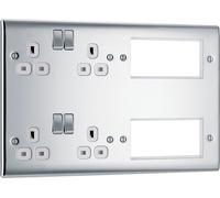 BG Electrical Double Switched Power Plug Wall Socket, Flatplate Screwless, Polished Chrome, White Inserts, 13A, FPC22W