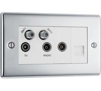 Screwless Flat Plate Single 13A Plug Socket, Polished Chrome Finish, Grey Inserts