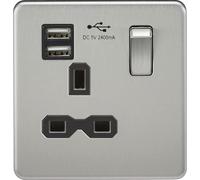 Knightsbridge SFR9124BC Screwless 13A 1G Switched Socket + 2xUSB (2.4A) - Brushed Chrome + Black Insert
