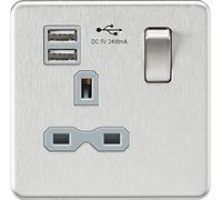 Knightsbridge Screwless 13A 1G switched socket with dual USB charger (2.4A) - brushed chrome with grey insert - SFR9124BCG