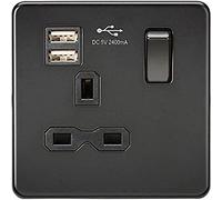 Screwless Single Switched Socket with Dual USB Charger in Matt Black