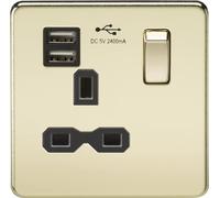 Screwless Single Switched Socket with Dual USB Charger in Polished Brass with Black Insert