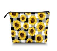 Scribesense Makeup Bag Travel Makeup Organizer Waterproof Cosmetic Bag Pouch with Zipper 6.7x9.45in for Women Female Friend Daughter Mom Sister, Sunflower Black And White Plaid, 6.7x7.45in