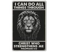 Scripture Wall Art Metal Tin Sign - Bible Verse Wall Decor Featuring a Powerful Lion Design with “I Can Do All Things Through Christ”,Christian Art and Biblical Wall Decor 8x12 Inch