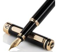 Scriveiner Black Lacquer Fountain Pen Stunning Pen, Real Gold Plating, Schmidt Gilded Nib (Broad), Best Pen Gift Set for Men & Women, Professional, Executive, Office, Nice Pens