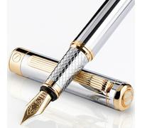 Scriveiner Silver Chrome Fountain Pen - Luxury 24K Gold Finish, Schmidt 18K Gilded Fine Nib Set for Men & Women, Professional Executive Office Designer Pen