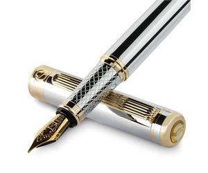 Scriveiner Silver Chrome Fountain Pen - Stunning Luxury Pen, Real Gold Plating, Schmidt Gilded Nib (Medium), Best Pen Gift Set for Men & Women, Professional, Executive Office, Nice Designer Pens