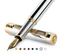 Scriveiner Silver Chrome Fountain Pen - Stunning Luxury Pen with 24K Gold Finish, Schmidt 18K Gilded Nib (Fine), Best Pen Gift Set for Men & Women Professional Executive Office Fancy Nice Designer Pen