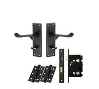 Scroll Lever on Bathroom Profile Backplate Bathroom Lock Pack Traditional Door Handle Set with Thumb Turn and Release Fittings Included (Matt Black)