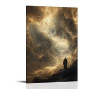 Scrolls of Light Swirl through A Stormy Sky, Guided by Angels Toward A Mountaintop Where A Lone Monk Awaits in Silence. Contemporary Wall Mural - Decorative Hanging Poster Art 20x30inch(50x75cm)